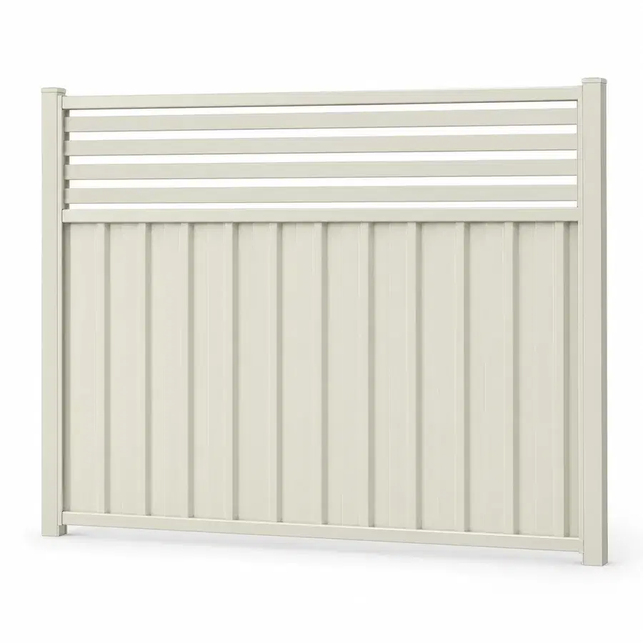Slat topper fence panel shown in Surfmist